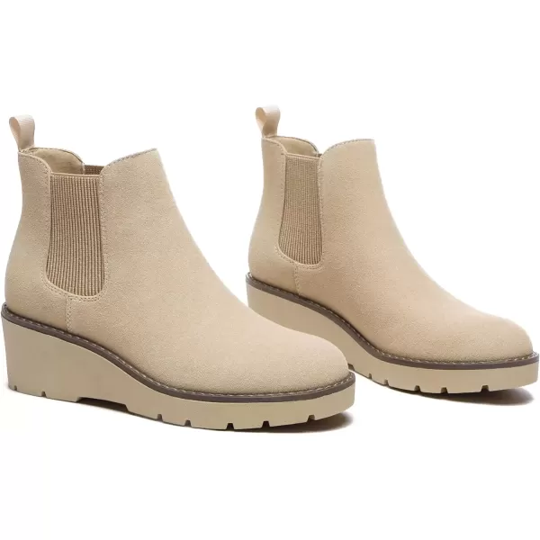 imageAthlefit Womens Chelsea Wedge Boots Elastic Platform Lug Sole Slip on Wedge Ankle BootiesNude