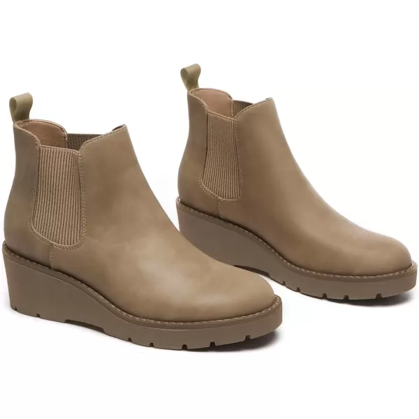 imageAthlefit Womens Chelsea Wedge Boots Elastic Platform Lug Sole Slip on Wedge Ankle BootiesTan