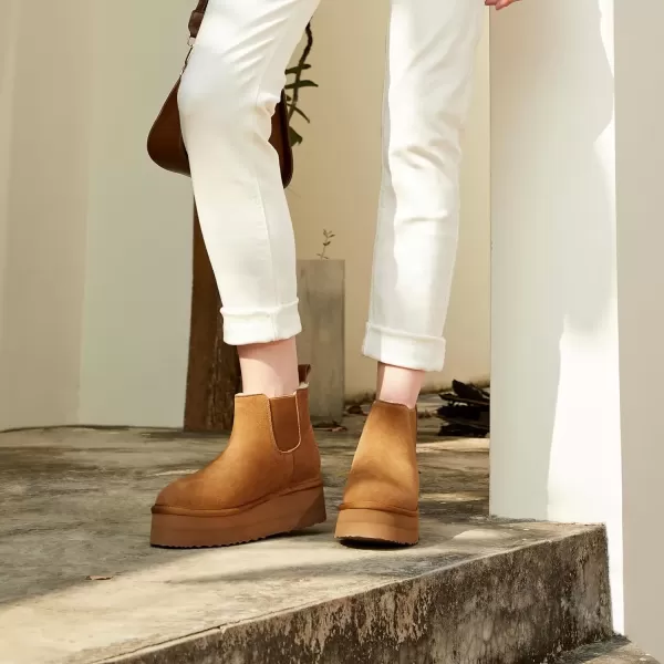 imageAthlefit Womens Classic Platform Chelsea Boots Winter Warm Fur Lined AntiSlip Short Ankle Snow BootsChestnut