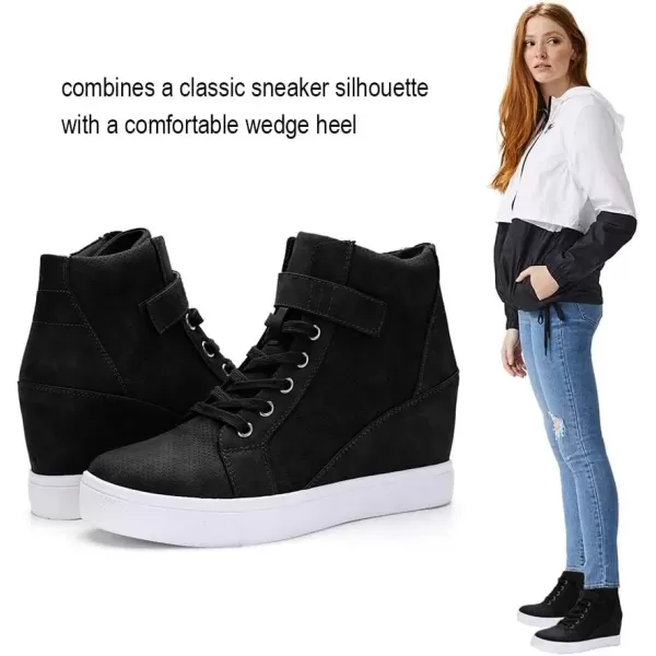 imageAthlefit Womens Lace Up Wedge Sneakers High Top Fashion Sneakers Ankle BootiesBlack