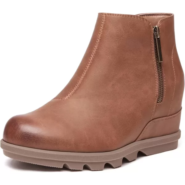imageAthlefit Womens Wedge Ankle Boots Fashion Side Zipper Hidden Leather Wedge BootiesBrown