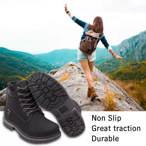 imageAthlefit Womens Work Waterproof Hiking Combat Boots Lace up Low Heel Booties Ankle BootsBlack