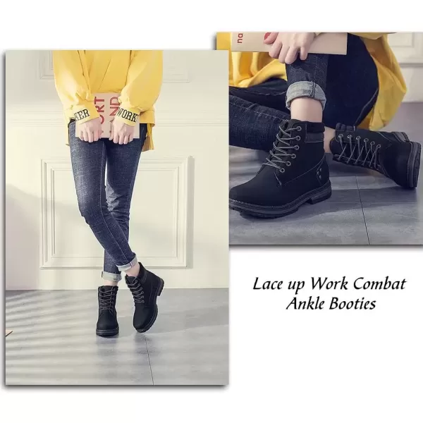 imageAthlefit Womens Work Waterproof Hiking Combat Boots Lace up Low Heel Booties Ankle BootsBlack
