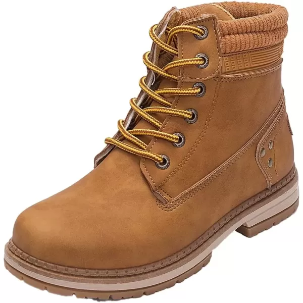 imageAthlefit Womens Work Waterproof Hiking Combat Boots Lace up Low Heel Booties Ankle BootsCamel
