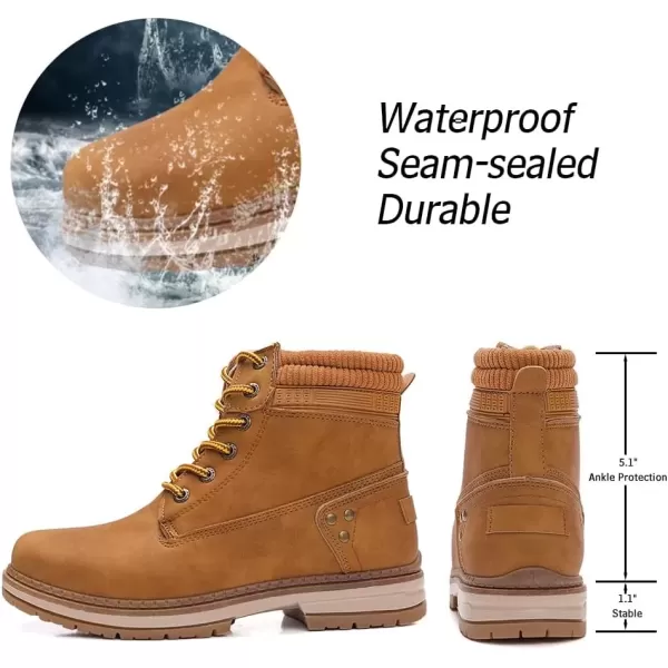 imageAthlefit Womens Work Waterproof Hiking Combat Boots Lace up Low Heel Booties Ankle BootsCamel
