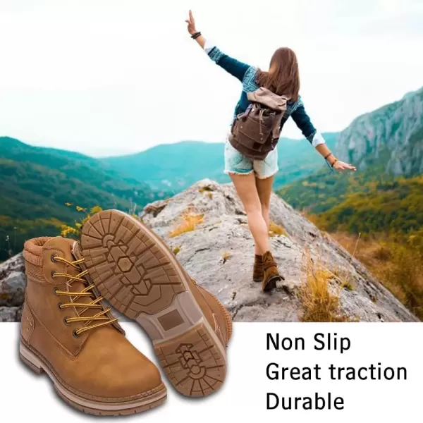 imageAthlefit Womens Work Waterproof Hiking Combat Boots Lace up Low Heel Booties Ankle BootsCamel