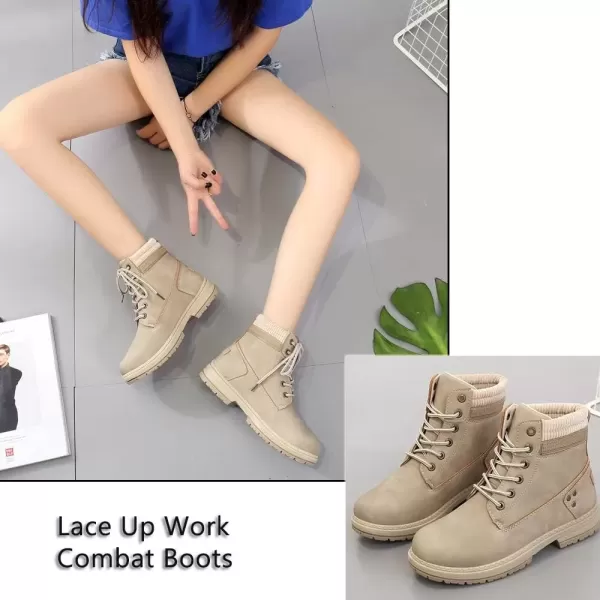 imageAthlefit Womens Work Waterproof Hiking Combat Boots Lace up Low Heel Booties Ankle BootsKhaki