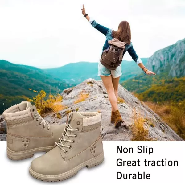 imageAthlefit Womens Work Waterproof Hiking Combat Boots Lace up Low Heel Booties Ankle BootsKhaki