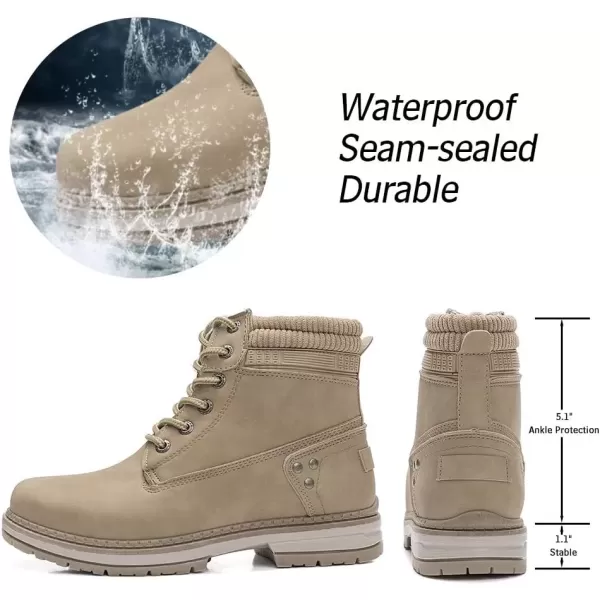 imageAthlefit Womens Work Waterproof Hiking Combat Boots Lace up Low Heel Booties Ankle BootsKhaki