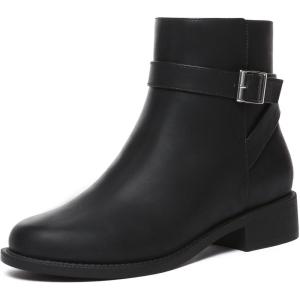 imageAthlefit Womens Ankle Boots Chunky Low Heel Fashion Round Toe Side Zipper Buckle BootiesBlack