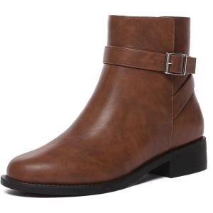 imageAthlefit Womens Ankle Boots Chunky Low Heel Fashion Round Toe Side Zipper Buckle BootiesBrown