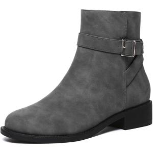 imageAthlefit Womens Ankle Boots Chunky Low Heel Fashion Round Toe Side Zipper Buckle BootiesGrey