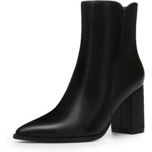 imageAthlefit Womens Heeled Ankle Boots Fashion Pointed Toe Chunky Block Heel Side Zipper Short BootiesBlack Pu