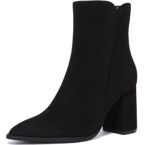 imageAthlefit Womens Heeled Ankle Boots Fashion Pointed Toe Chunky Block Heel Side Zipper Short BootiesBlack Suede