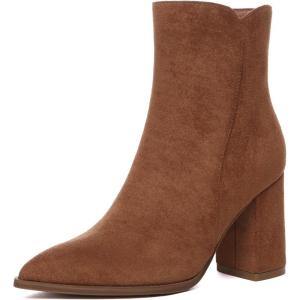 imageAthlefit Womens Heeled Ankle Boots Fashion Pointed Toe Chunky Block Heel Side Zipper Short BootiesBrown Suede