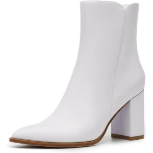imageAthlefit Womens Heeled Ankle Boots Fashion Pointed Toe Chunky Block Heel Side Zipper Short BootiesWhite Pu