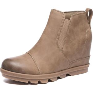 imageAthlefit Womens Wedge Ankle Boots Comfort SlipOn Waterproof Leather Platform BootiesKhaki