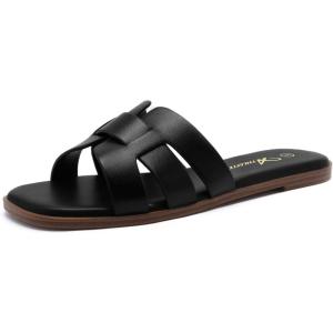 imageAthlefit Womens Flat Sandals Dressy Summer Square Open Toe Slip On Leather Slide SandalsBlack