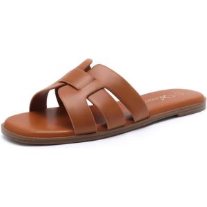 imageAthlefit Womens Flat Sandals Dressy Summer Square Open Toe Slip On Leather Slide SandalsBrown