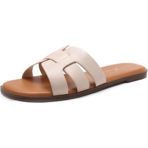 imageAthlefit Womens Flat Sandals Dressy Summer Square Open Toe Slip On Leather Slide SandalsNude