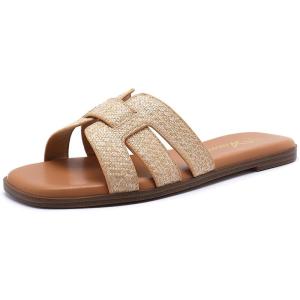 imageAthlefit Womens Flat Sandals Dressy Summer Square Open Toe Slip On Leather Slide SandalsRaffia