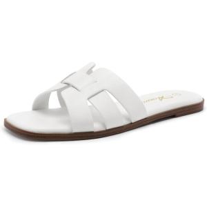imageAthlefit Womens Flat Sandals Dressy Summer Square Open Toe Slip On Leather Slide SandalsWhite