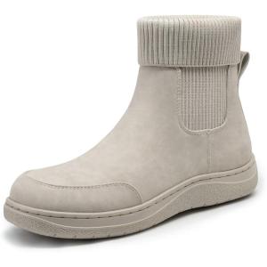 imageAthlefit Womens Chelsea Ankle Boots Comfortable Winter Short Leather Boots Fashion Slip On Elastic Sock Booties Wide WidthBeige