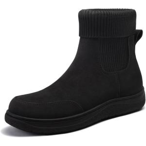 imageAthlefit Womens Chelsea Ankle Boots Comfortable Winter Short Leather Boots Fashion Slip On Elastic Sock Booties Wide WidthBlack