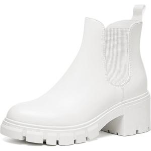 imageAthlefit Womens Chelsea Boots Fashion Lug Sole Chunky Heel Slip on Elastic Ankle BootiesAll White