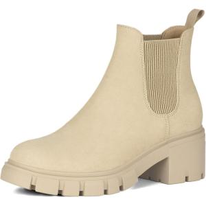 imageAthlefit Womens Chelsea Boots Fashion Lug Sole Chunky Heel Slip on Elastic Ankle BootiesApricot