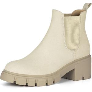 imageAthlefit Womens Chelsea Boots Fashion Lug Sole Chunky Heel Slip on Elastic Ankle BootiesBeige