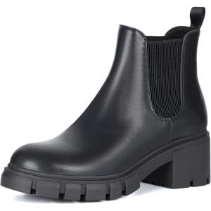 imageAthlefit Womens Chelsea Boots Fashion Lug Sole Chunky Heel Slip on Elastic Ankle BootiesBlack
