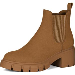 imageAthlefit Womens Chelsea Boots Fashion Lug Sole Chunky Heel Slip on Elastic Ankle BootiesBrown Suede