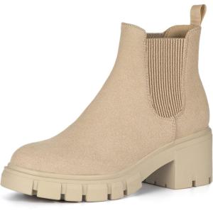 imageAthlefit Womens Chelsea Boots Fashion Lug Sole Chunky Heel Slip on Elastic Ankle BootiesNude