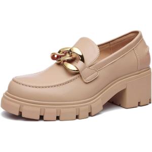 imageAthlefit Womens Platform Chunky Loafers Comfortable Slip on Lug Sole Business Loafer ShoesApricot