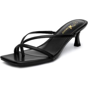 imageAthlefit Womens Strappy Kitten Heels Flip Flops Square Open Toe Low Heels Fashion Party Dress Thong Heeled SandalsBlack