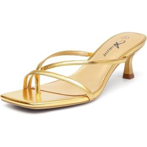 imageAthlefit Womens Strappy Kitten Heels Flip Flops Square Open Toe Low Heels Fashion Party Dress Thong Heeled SandalsGold