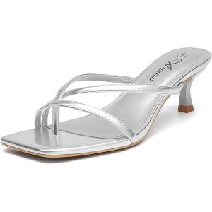 imageAthlefit Womens Strappy Kitten Heels Flip Flops Square Open Toe Low Heels Fashion Party Dress Thong Heeled SandalsSilver
