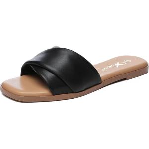 imageAthlefit Womens Summer Flat Sandals Slip On Square Toe Soft Leather Slide SandalsBlack