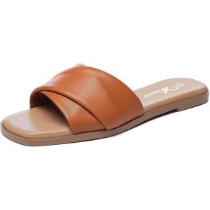 imageAthlefit Womens Summer Flat Sandals Slip On Square Toe Soft Leather Slide SandalsBrown