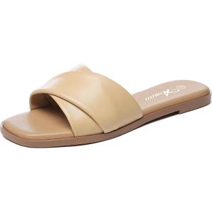 imageAthlefit Womens Summer Flat Sandals Slip On Square Toe Soft Leather Slide SandalsCamel