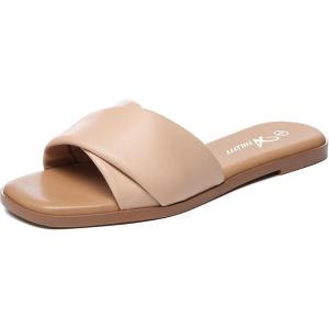 imageAthlefit Womens Summer Flat Sandals Slip On Square Toe Soft Leather Slide SandalsNude