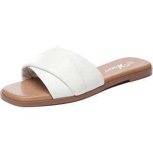 imageAthlefit Womens Summer Flat Sandals Slip On Square Toe Soft Leather Slide SandalsWhite