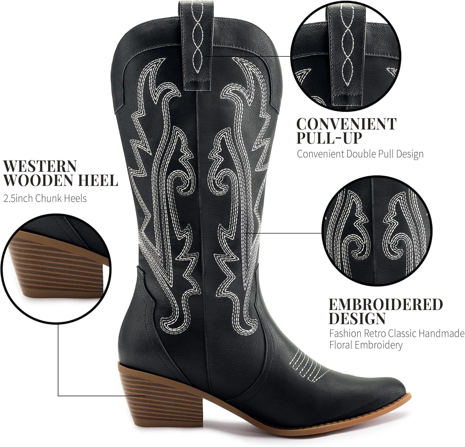 imageAthlefit Cowboy Boots for Women Western Cowgirl Boots Fashion Embroidered Pointed Toe Chunky Heel Mid Calf BootsBlack