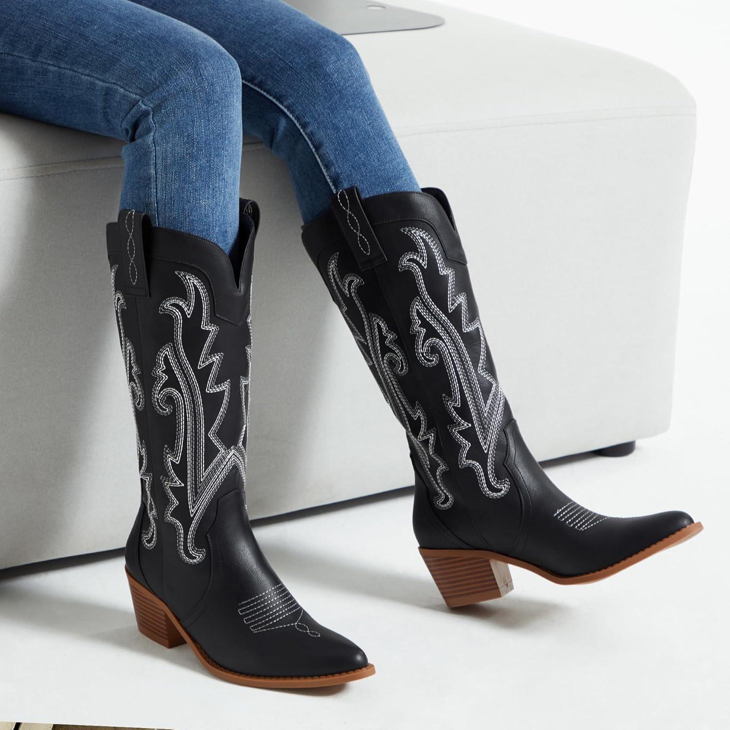 imageAthlefit Cowboy Boots for Women Western Cowgirl Boots Fashion Embroidered Pointed Toe Chunky Heel Mid Calf BootsBlack