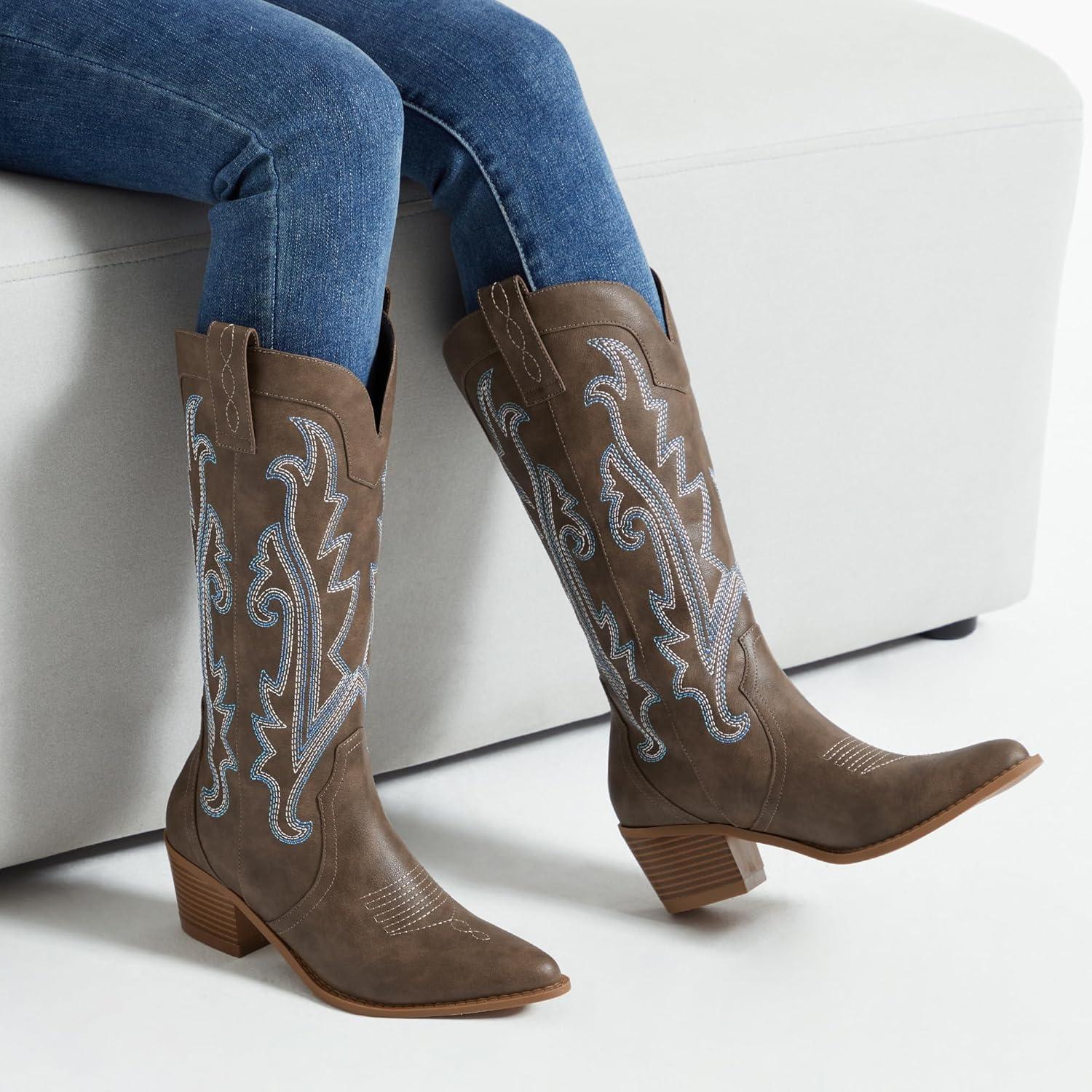 imageAthlefit Cowboy Boots for Women Western Cowgirl Boots Fashion Embroidered Pointed Toe Chunky Heel Mid Calf BootsBrown
