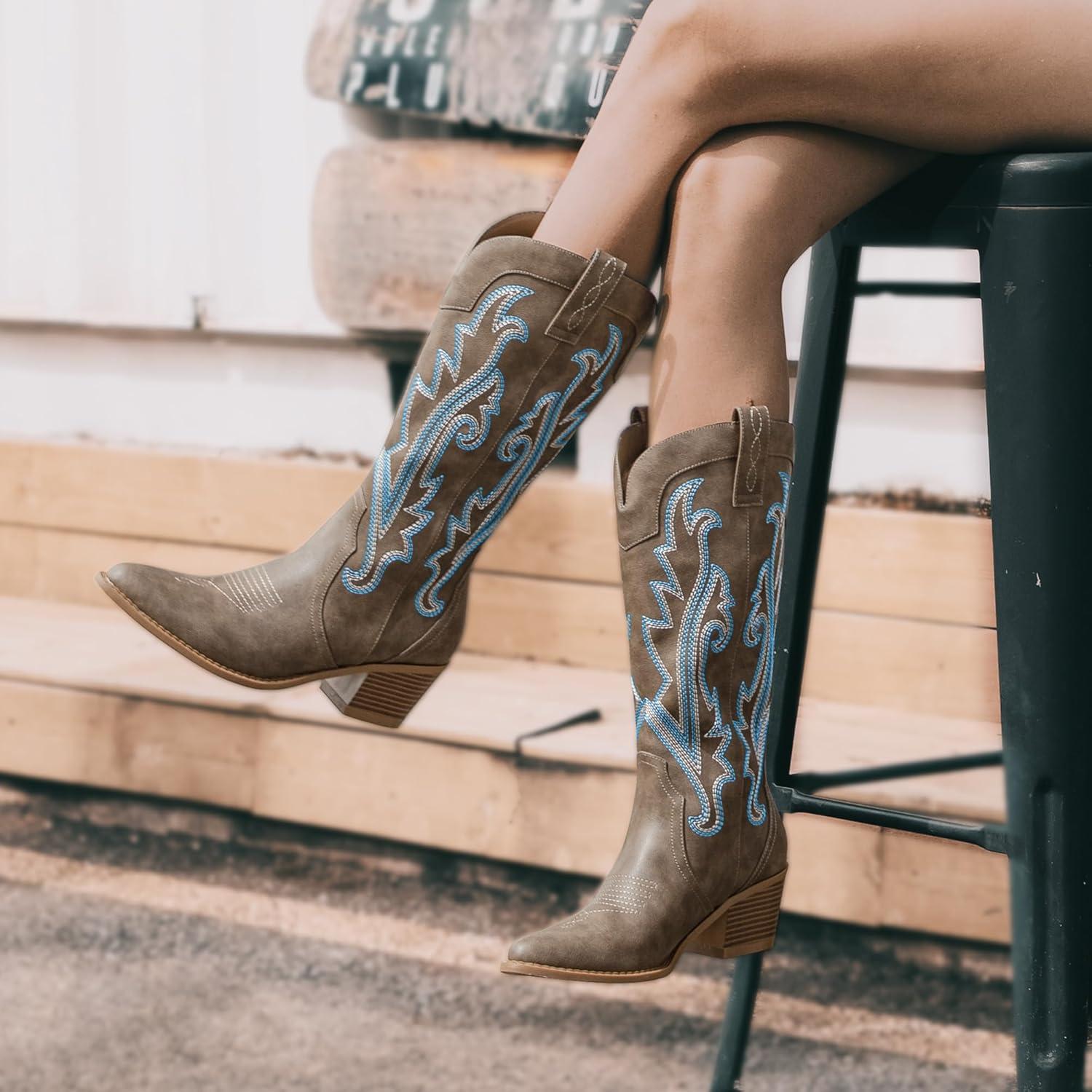 imageAthlefit Cowboy Boots for Women Western Cowgirl Boots Fashion Embroidered Pointed Toe Chunky Heel Mid Calf BootsBrown
