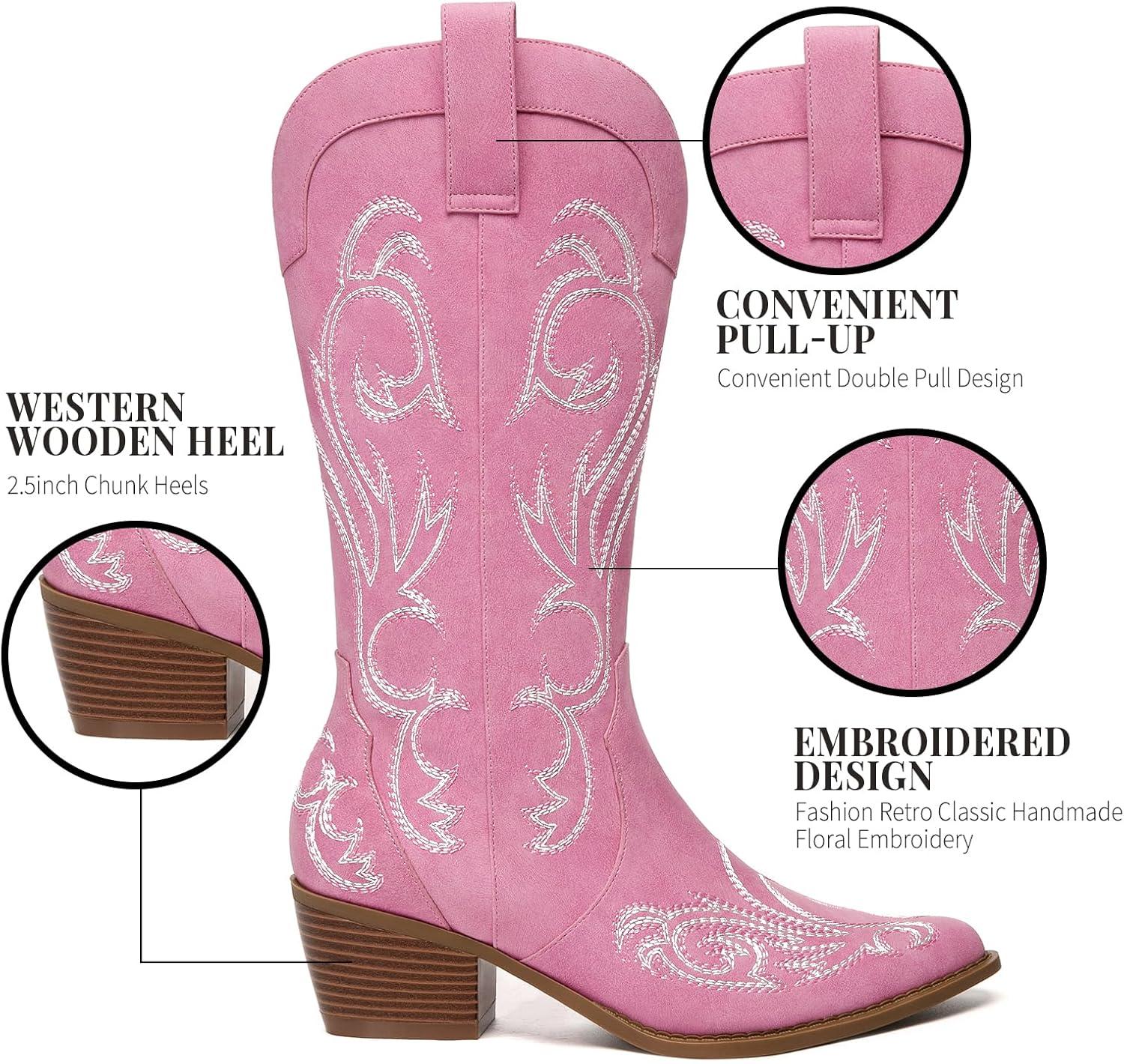 imageAthlefit Cowboy Boots for Women Western Cowgirl Boots Fashion Embroidered Pointed Toe Chunky Heel Mid Calf BootsPink