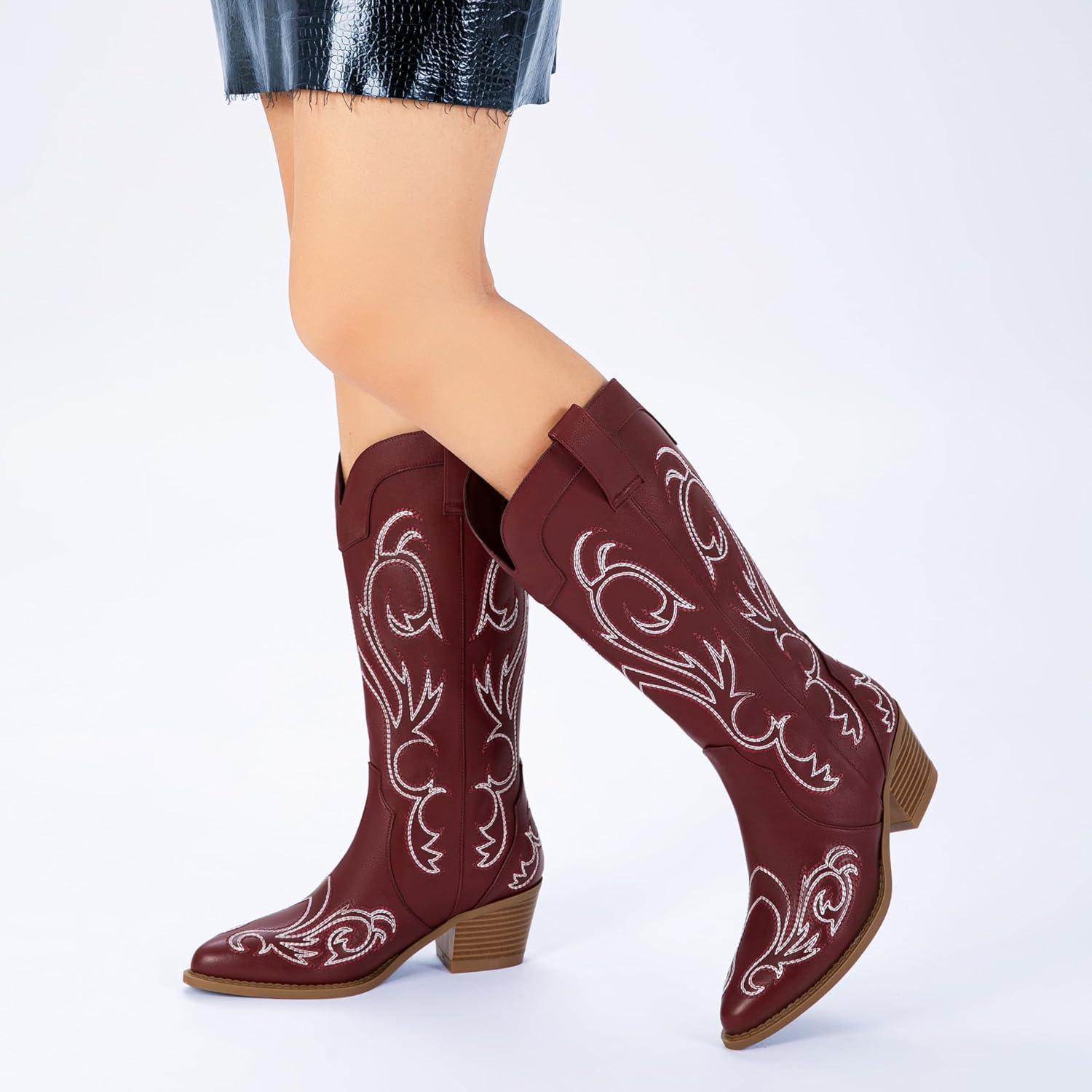 imageAthlefit Cowboy Boots for Women Western Cowgirl Boots Fashion Embroidered Pointed Toe Chunky Heel Mid Calf BootsRed