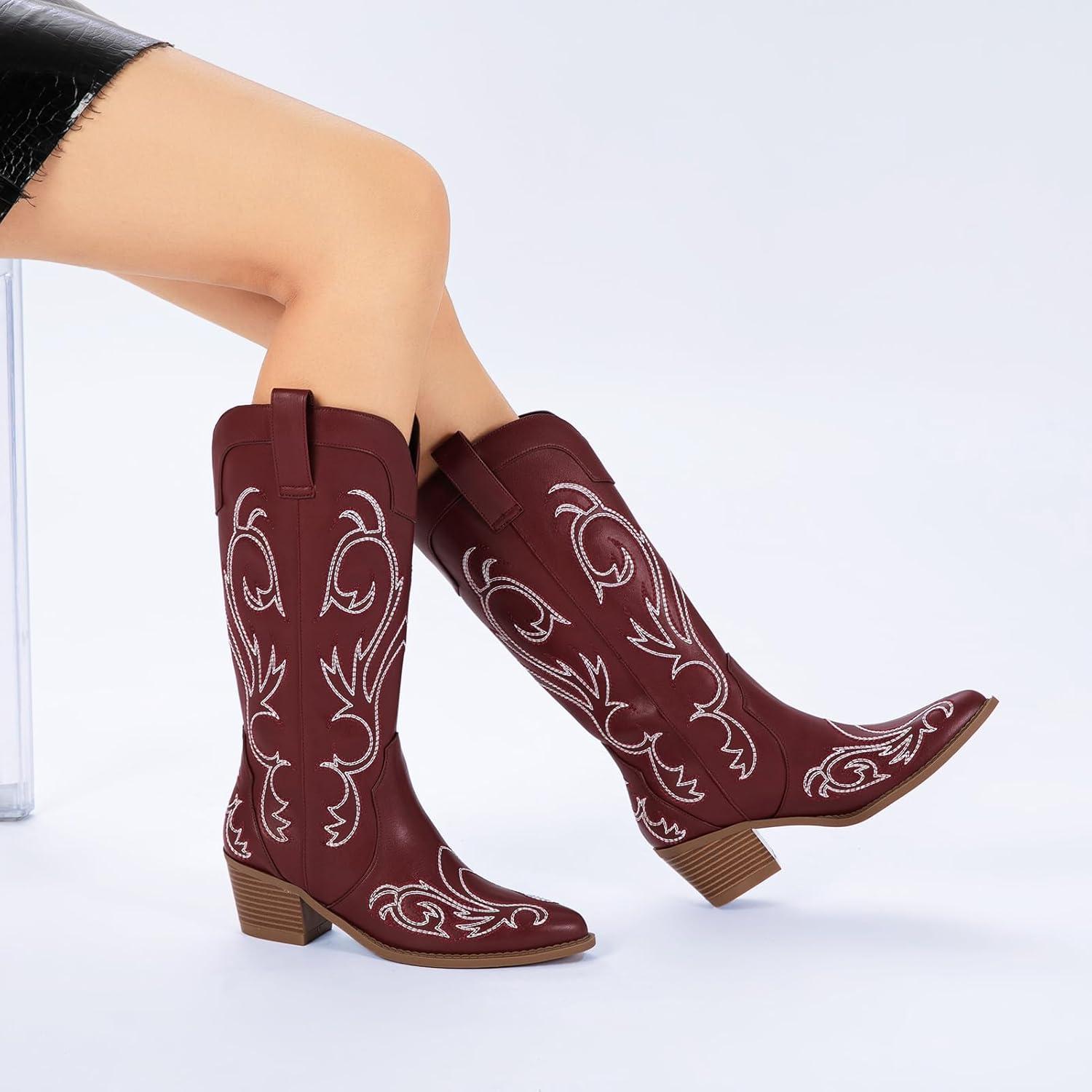 imageAthlefit Cowboy Boots for Women Western Cowgirl Boots Fashion Embroidered Pointed Toe Chunky Heel Mid Calf BootsRed